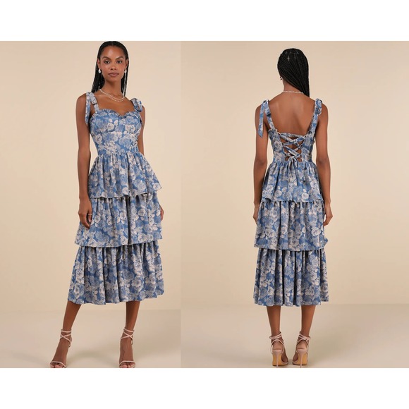 Lulus Dresses & Skirts - Lulus Lovely Bliss Blue Floral Jacquard Strapless Bustier Midi Dress Size Medium